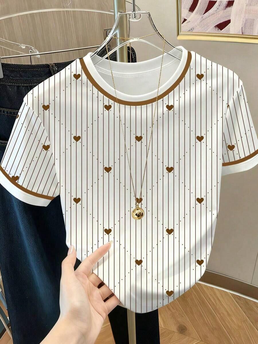 Camiseta casual de mujer de manga corta con estampado de corazón y cuello redondo de color contrastante - Blanco 5 - Ver 1