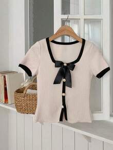 Camiseta casual y elegante de mujer con cuello cuadrado, bloque de color, lazo y manga corta para el verano - Blanco - Ver 3