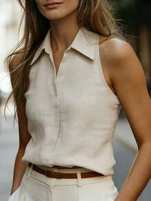 Blusa sin mangas de lino tipo mandarín con cuello, versátil y estilizadora para ir al trabajo - Albaricoque - Ver 3