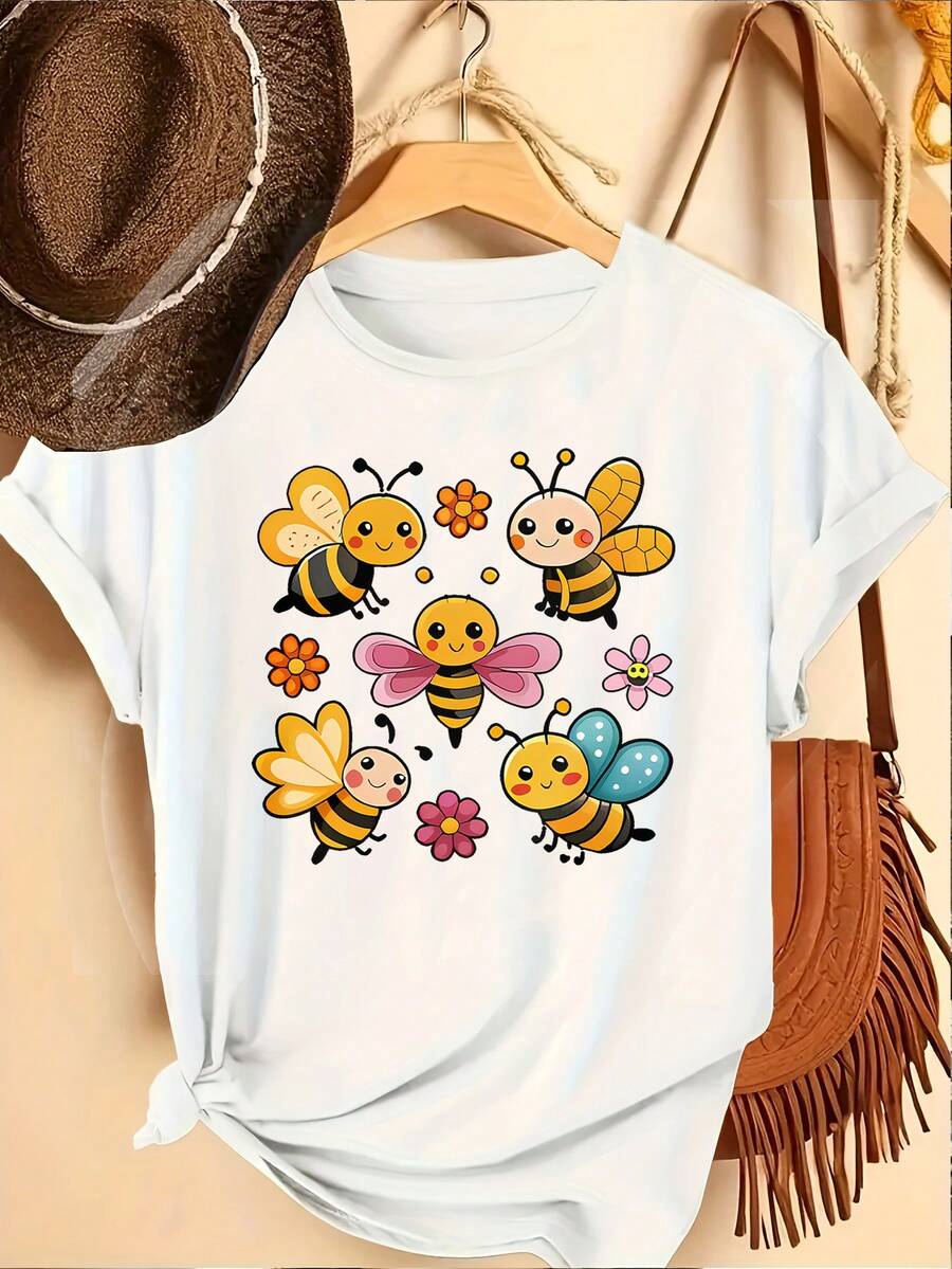 Limited Time Offer, Limited Quantities, Flash ! Women's Casual Shirts, Women's Polyester T-Shirts, Elegant Shirts. A Loose, Stylish, And T-Shirt Made Of Fiber, With A Cute Bee Print, Perfect For Everyday Casual Wear In Women's Fashion. - 白色 - 查看 1