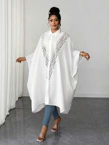 Blusa de manga de murciélago con parches de encaje de unicolor casual/de oficina talla grande - Blanco - Ver 2