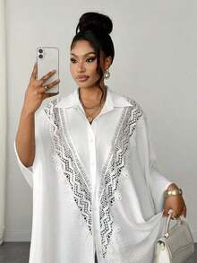 Blusa de manga de murciélago con parches de encaje de unicolor casual/de oficina talla grande - Blanco - Ver 6