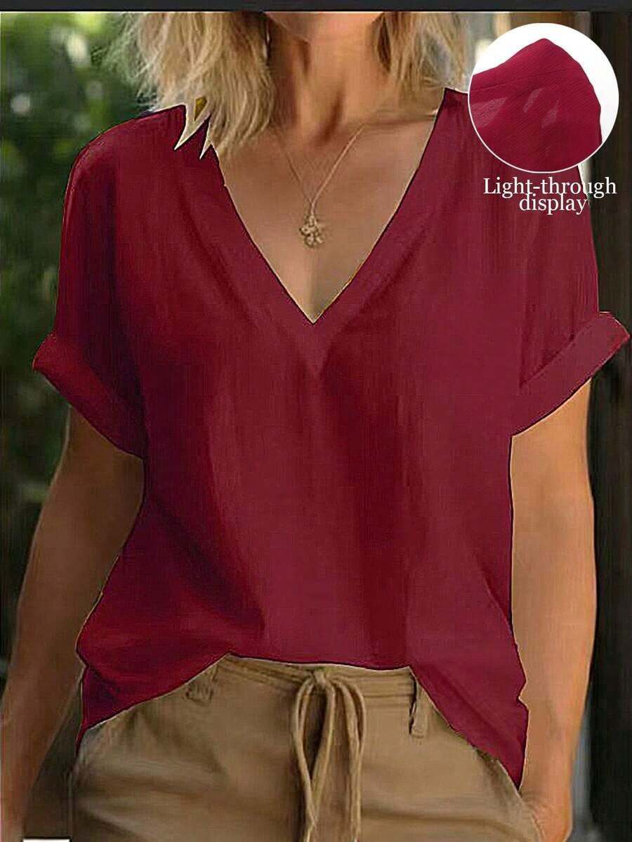 Blusa casual holgada de mujer de unicolor con cuello en V y manga corta - Burdeos - Ver 1