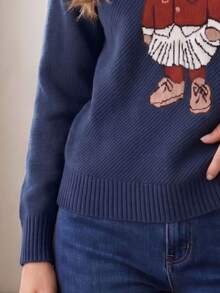 Women's Bear Modal Knit Sweater, Teddy Bear Design, Long Sleeve, High Neck, Casual Ribbed Knit, Autumn/Winter Style. - Navy Blue - View 8
