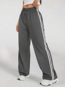 Pantalones casuales con rayas laterales negras, de estilo simple y de moda para uso diario, graduación, maestros y vuelta al colegio para mujeres - Gris Oscuro - Ver 8