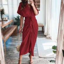 Elegant Women's Spring Shirt Dress, Sensual Print, With Adjustable Ties, Refined Style - Red - View 5