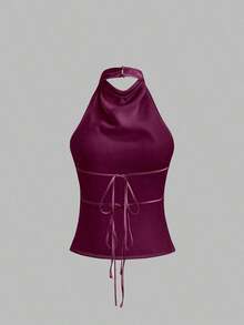 Camiseta sin espalda con tirantes de amarre, diseño minimalista sin mangas para el verano - Rojo violeta - Ver 2