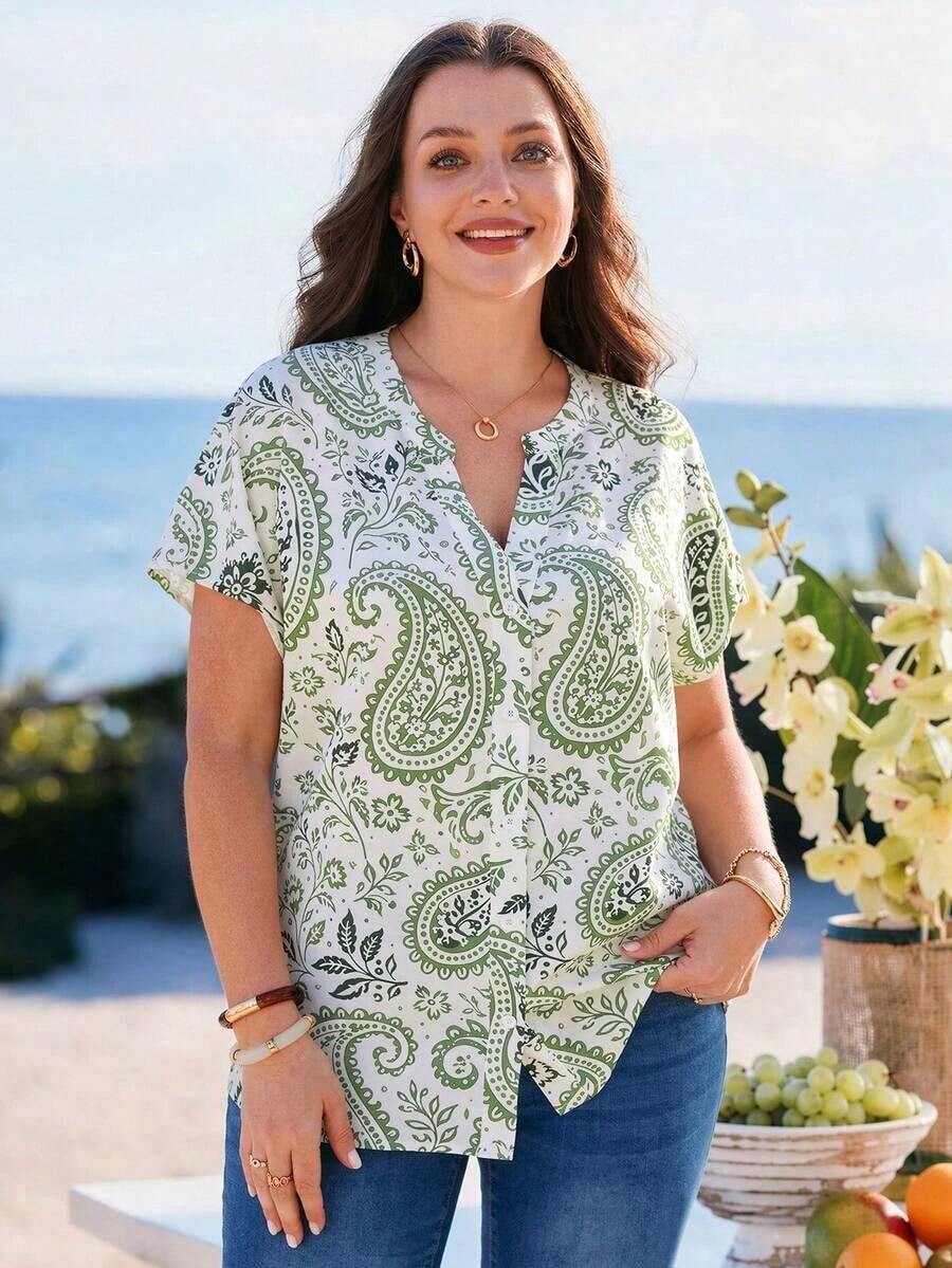 Camisa de manga corta con botones y estampado de estilo bohemio para mujer de talla grande, para primavera y verano - Multicolor 3 - Ver 1