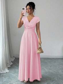 Vestido elegante y romántico para mujeres con cuello en V, mangas cortas y cintura ceñida - Rosa - Ver 7