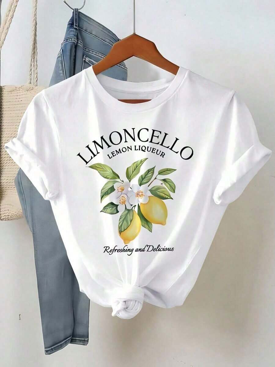 1 camiseta blanca para mujer con estampado de flores de limón, cuello redondo, camiseta casual de algodón, tejido de punto de elasticidad media, corte regular para damas, para primavera/verano/otoño. - Blanco - Ver 1