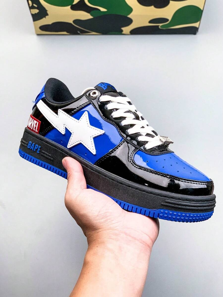 A BATHING APE Bape 休闲运动鞋，撞色星形标志亮面休闲鞋，男女款 - 白藍黑聯名 - 查看 1