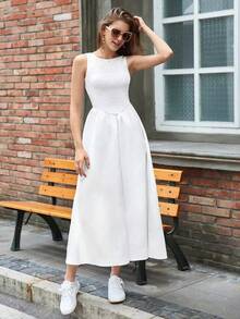 Vestido elegante de unicolor con cintura redonda y cuello ceñido en línea A para mujer, ajuste casual básico de negocios adecuado para bodas, conciertos, ceremonias - Blanco - Ver 7