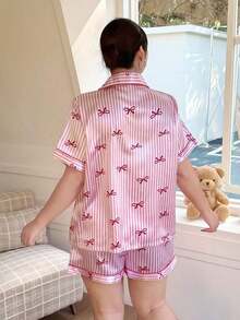 Conjunto de pijama de cárdigan con lazo, rayas y estampado de corazón, de talla grande, de seda sintética - Rosa - Ver 2