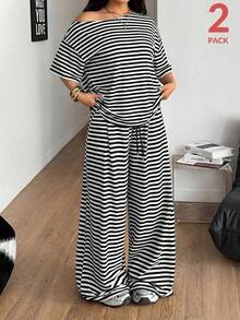 Conjunto de dos piezas de camiseta hombros descubiertos y pantalón ancho de chándal para mujer talla grande, minimalista, ropa de calle, uso diario, salir, deporte, cómodo - Blanco y Negro - Ver 4