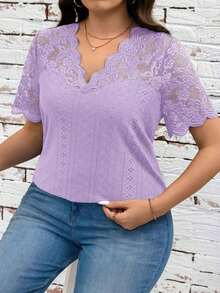 Clasi Camiseta de talla grande de verano de unicolor con contraste de encaje calado y bordado - Púrpura malva - Ver 9