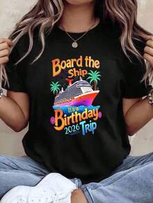 1 pieza Camiseta de Fiesta de Crucero 'El Barco es un Viaje de Cumpleaños 2026' para Hombres y Mujeres, Regalo de Celebración de Cumpleaños, Vacaciones, Atuendo de Verano, 180g 100% Algodón - Negro - Ver 8