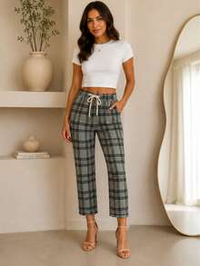 Pantalón Corto pierna recta Cuadros Dama Mujer Casual de Uso Diario Con Bolsas y Cintura Ajustable - Gris - Ver 6