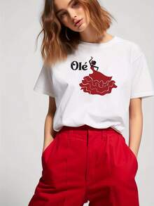 1 Women's Short Sleeve Crew Neck T-Shirt For Spring/Summer, Featuring A Vibrant Red Ball Gown Dancer Image And "Olé" Print, 180g, 100% Cotton. - 白色 - 查看 1
