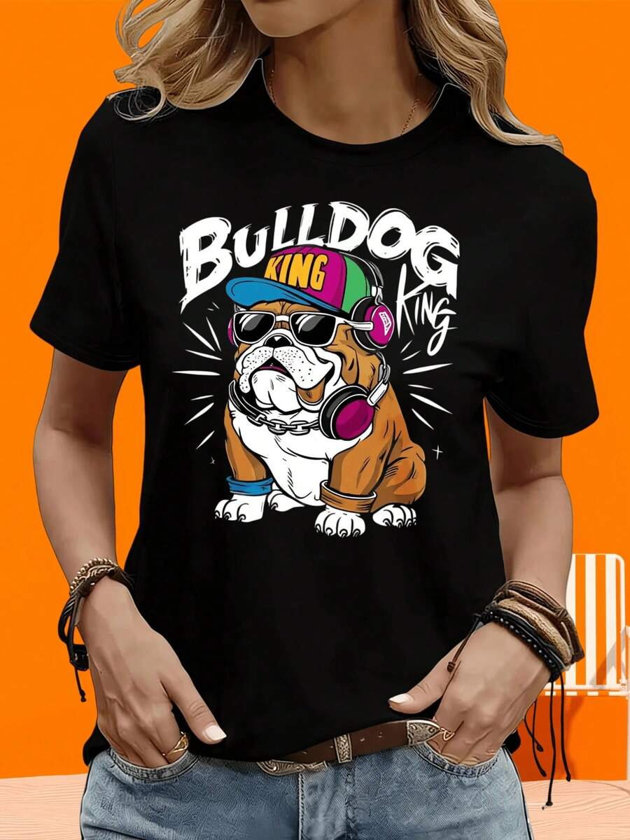 Regalo para Fiesta Navideña: Camiseta de Bulldog King Hip Hop, Camiseta Gráfica de Bulldog Genial con Gafas de Sol y Auriculares para Hombres y Mujeres, Unisex, Moda Casual, Camiseta de Manga Corta para Damas, Negra y Blanca, para Ocio al Aire Libre y en Casa. - Negro - Ver 1