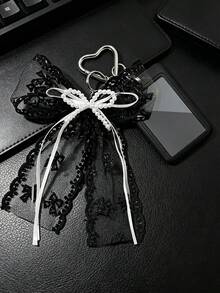 Black Lace Bow Heart-Shaped Clasp Pendant With Pearl Decor, Suitable For Bag Charm, Keychain, Can Hold ID Card, Star Card, Transit Card, Photo, Residence Permit, Etc. - Multicolor - View 6