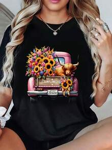 Camiseta de manga corta informal para mujer, con estampado de vaca de las Tierras Altas de Escocia, ideal para vacaciones de verano - Diseño de camioneta rosa y vaca escocesa, cuello redondo - Blanco - Ver 8