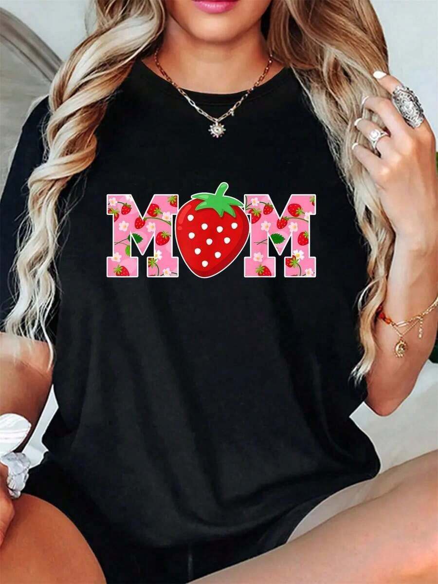 Camiseta genial, ropa casual de verano, camiseta familiar "Mamá de las Bayas Dulces" para cumpleaños de niñas con diseño de fresas, conjuntos de primavera para mujeres, tops de verano a la moda. - Negro - Ver 1