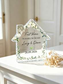 1pc Custom Eucalyptus Floral First Home Clear Acrylic Plaque, Personalized Name Address Date House Stand, Housewarming Closing Gift For Couple New Homeowners, Wedding/Anniversary Desk Decor Keepsake - Multicolor - View 4
