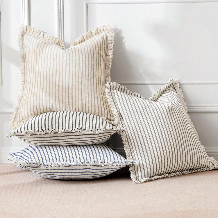 1pc Striped Tassel Throw Pillow Cover, Home Style Cushion Cover With Tassel Decor, Neutral Bohemian Style Decorative Square Pillowcase For Sofa, Sofa Bed, Bed, Etc. - Dark Blue - View 4