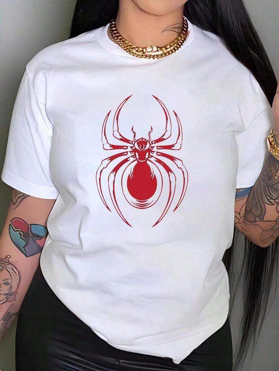 Under The RadarCamiseta casual para mujer blanca con llamativo estampado de araña roja - Cuello redondo cómodo, manga corta, lavable a máquina - Perfecta para primaveraverano, blusa de verano Camiseta con gráfico atrevido Tela no transparente 100% Algodón-Vintage Street Style Unisex Loose Cotton Short Sleeve Crew Neck T-Shirt - Blanco - Ver 1