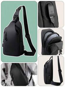 Bolsa de pecho multifuncional para hombres con puerto de carga USB, bolso de hombro ligero para teléfono móvil, bolso cruzado deportivo de unicolor versátil, bolso bandolera de gran capacidad a prueba de agua para uso diario, bolso de cintura para viajes de invierno, bolso negro para exteriores, bolso de viaje, regalos del Día de San Valentín, calcomanías, bolso de cintura, bolso escolar, bolso de primavera, bolso de compras, bolso lateral, cinturones, artículos de nueva vida para estudiantes, bolso esencial - Negro - Ver 9