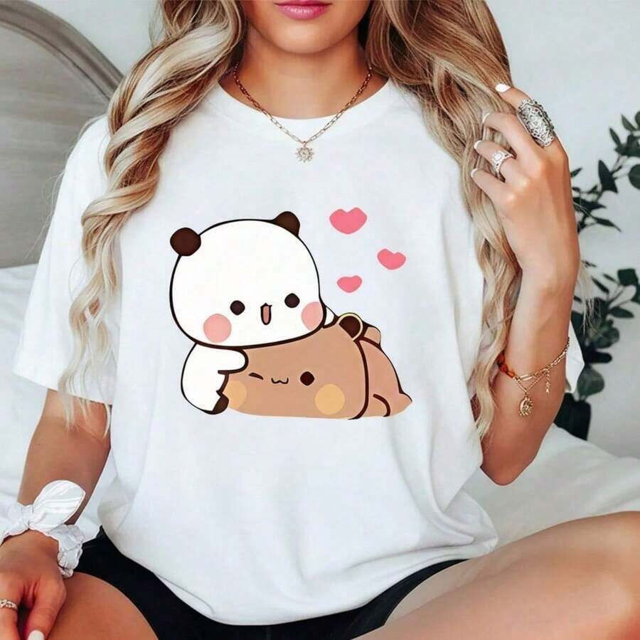 1PC Women's Plus Size Cotton T-Shirt With Panda And Bear Couple Print, Casual Style, Round Neck, Loose Fit, With Heart Design (1) - Short Sleeve Cotton T-Shirt, Vintage Urban Style, Unisex, Round Neck, Blouses For Women. Blouses.Casual Blouses For Ladies.Careful Bears Print.Printed T-Shirt Careful Bears Print. - 白色 - 查看 1