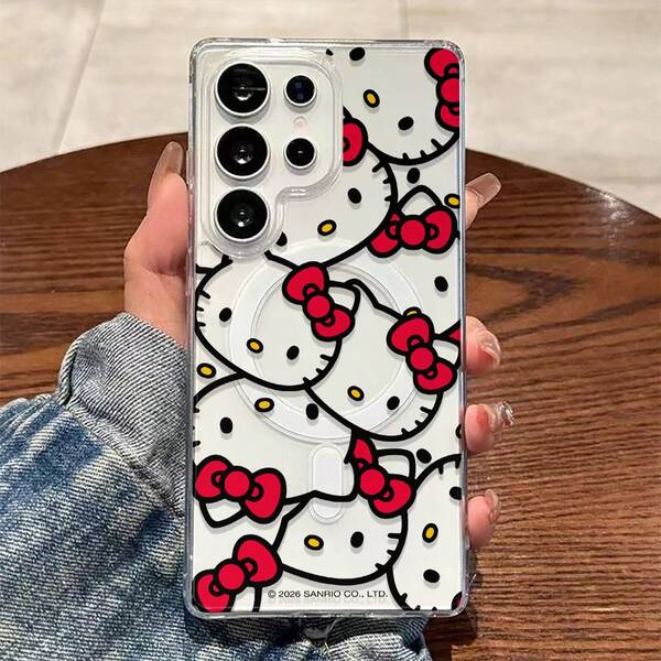 Sanrio Hello Kitty Grey Tonal Repeating Kitty Head With Red Bow Pattern Phone Case Magnetic Transparent Phone Case Suitable For Samsung S26 Ultra/S26 Edge/S26 Plus/S26/S25 Ultra/S25 Plus/S25/S25Edge/S24Ultra/S24Plus/S24/S24FE/S23FE/S23Ultra/S23Plus/S23/S22Ultra/S22Plus/S22/A07/A06/A15/A16/A17/A25/A26/A35/A36/A37/A54/A55/A56/A57 The Girlfriend