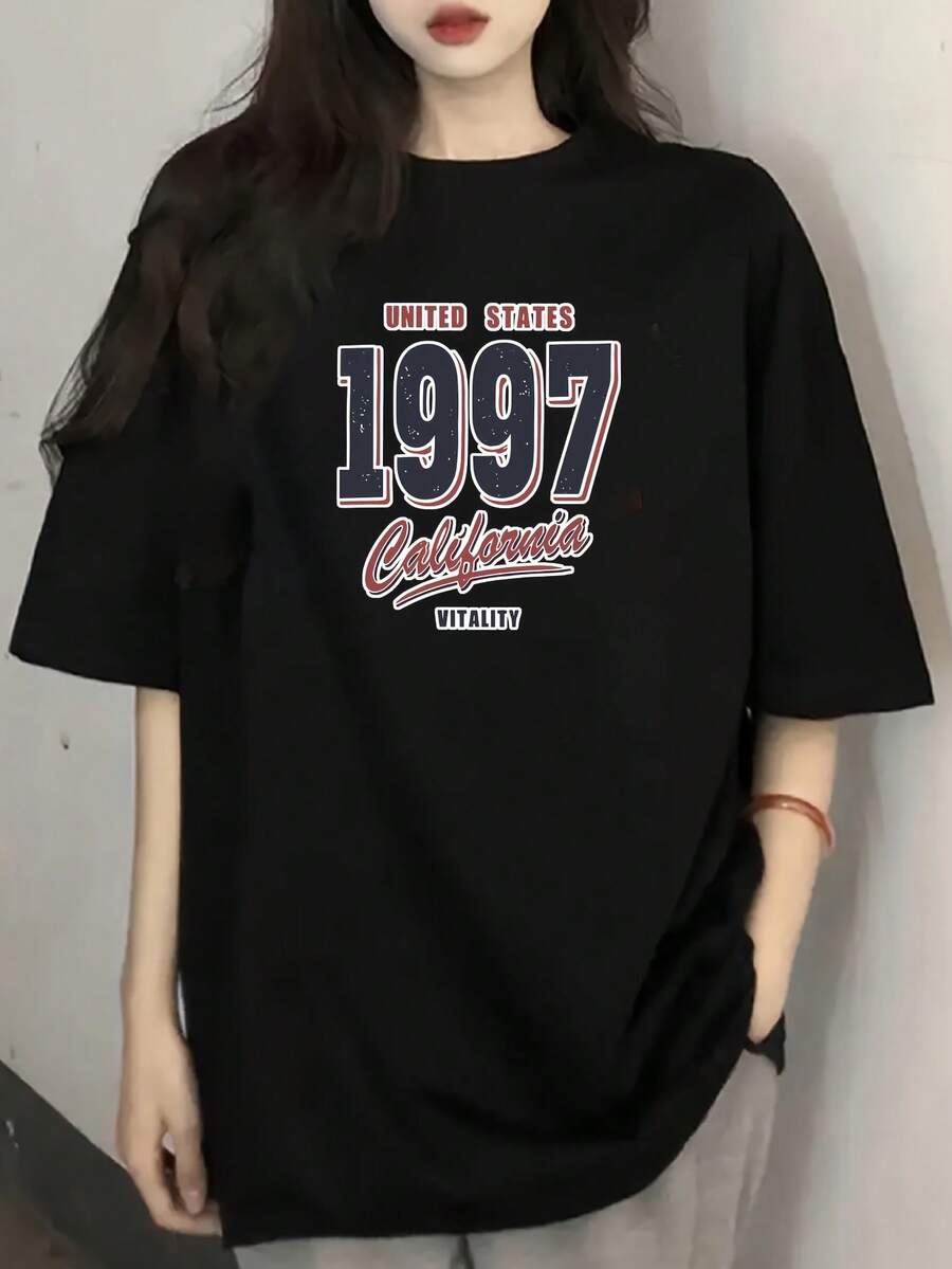 Camiseta de manga corta para mujer con estampado de moda, holgada, casual, combinable con todo, para verano. - Negro - Ver 1