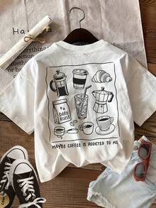 Women's Summer Blouse With A Hand-Drawn Coffee Print On The Front And Back, Loose Fit, Round Neck, Short Sleeves, Suitable For Everyday Wear. Also Suitable As Winter Clothing For Women. - 白色 - 查看 4