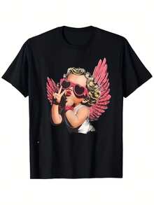 Women's Vintage Cupid Print T-Shirt | Black With Pink Wings And  Heart-Shaped Glasses Design, Soft And Breathable, Unisex Crew Neck T-Shirt, Suitable For Valentine's Day, Halloween, Dog Day - Lightweight Casual Shirt. - 黑色 - 查看 1