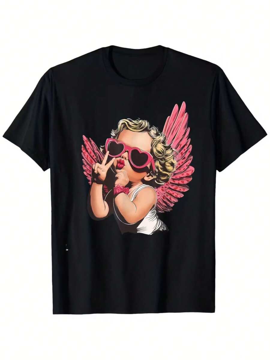 Women's Vintage Cupid Print T-Shirt | Black With Pink Wings And Heart-Shaped Glasses Design, Soft And Breathable, Unisex Crew Neck T-Shirt, Suitable For Valentine's Day, Halloween, Dog Day - Lightweight Casual Shirt. - 黑色 - 查看 1