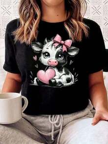 Women's Cow Print T-Shirt, Casual Fashion For Women, Comfortable, Soft, Sports Fitness, Daily Outdoor Wear, Pure Cotton, Short Sleeve Crew Neck T-Shirt, Breathable 100% Cotton - 黑色 - 查看 6