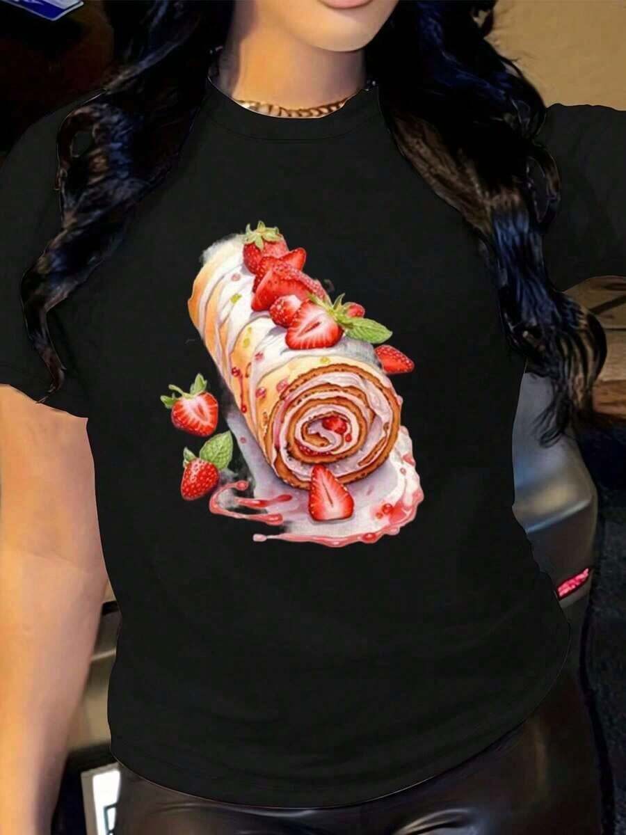 Women's Strawberry Cake Print T-Shirt - Soft, 100% Cotton, Casual Short Sleeve, Loose Fit, Round Neck, Black With Red And White Cartoon Design, 180 G/M², For Spring, Summer And Autumn, Machine Washable, Casual Wear, Strawberry T-Shirt, Summer Top, Fun Design, Comfortable Fit - 黑色 - 查看 1
