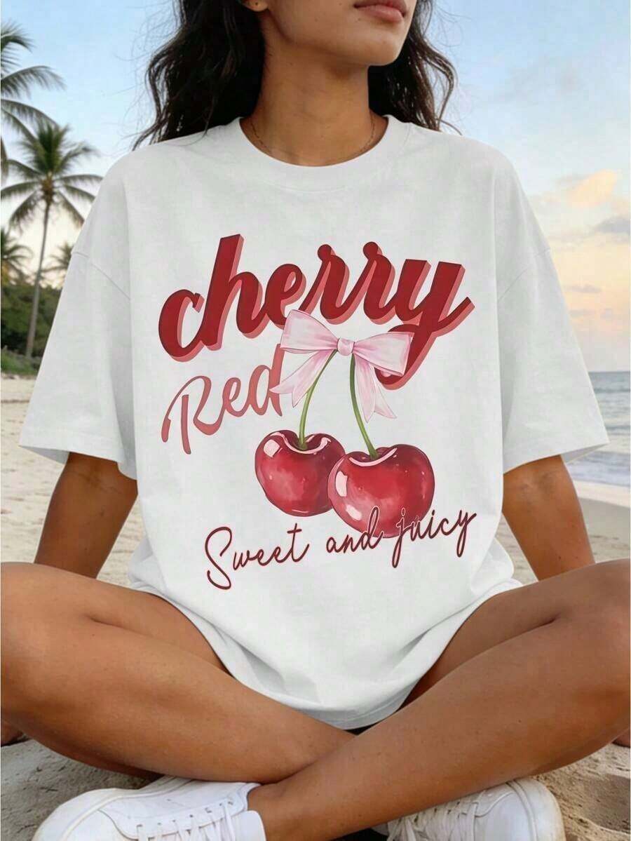 Women's Modern Minimalist T-Shirt With Fruit And Cherry Print, Drop Shoulders, Short Sleeves, Round Neck, Casual Summer T-Shirt For Everyday Wear - 白色 - 查看 1
