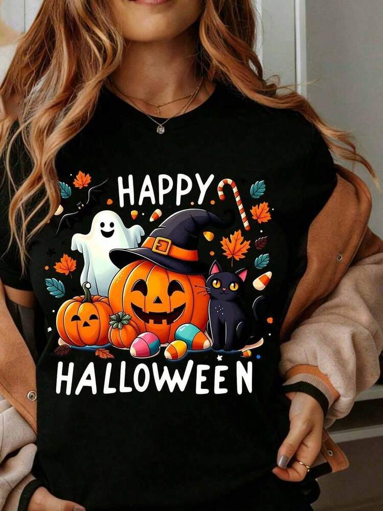 Playera mujer Happy Halloween Pumpkin Ghost Cat Witch Hat Candy Bat Leaves T Shirt Casual diario - Negro - Añade 1
