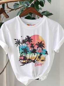 1 camiseta vintage para mujer con diseño de palmeras tropicales y atardecer en la playa - Camiseta con diseño vintage de los años 50, con palmeras, diseño vintage y playero - Transpirable, de corte holgado, cuello redondo, lavable a máquina, top casual de verano, estilo femenino - Un regalo ideal para amantes de la playa 180g Algodón 100% - Blanco - Ver 6