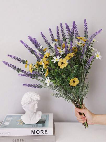 1pc Artificial Yellow Netted Petals + White Lily & Lavender, PE Material, Purple, Yellow, White, Gift, Desktop Decor, Home Decor, Garden Decor, School Dorm Office Decor, Outdoor Party Event Holiday Birthday Party Decor, Home Entrance Hotel Restaurant Living Room Bedroom Wedding Kitchen Garden Decor, Suitable For Valentine's Day, Spring Summer Decor, Chinese New Year Decor, Green Decor, Back To School Room Decor, Home Decoration