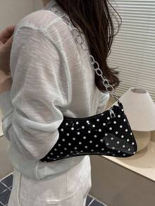 Large Chain Polka Dot Baguette Shoulder Bag - Black - View 4