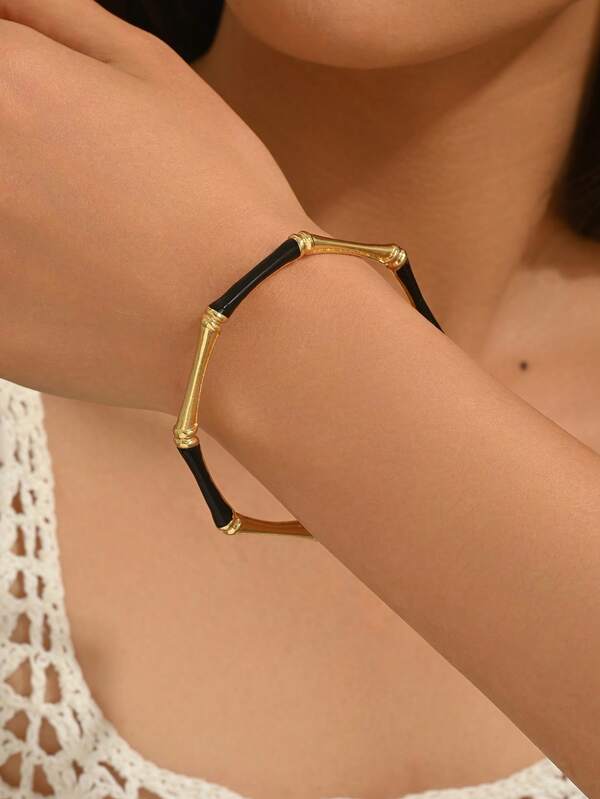 Asymmetrical Geometric Enamel Bamboo Bracelet, Personalized Daily Wear Jewelry For Women, Gold Color, Summer