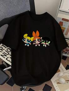 Men's T-Shirt New Summer 2026 Collection Casual, Unisex, Short Sleeve Casual Short Sleeve T-Shirt For Fans - THE POWERPUFF Chibi Style With Iconic Graphics (Blossom, Buttercup & Bubbles), Round Neck And Relaxed Fit. Nostalgic Clothing. Comfortable Fabric, Loose Fit, Soft And Breathable - 黑色 - 查看 1