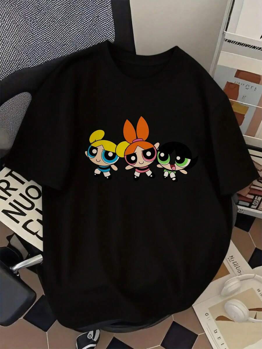 Men's T-Shirt New Summer 2026 Collection Casual, Unisex, Short Sleeve Casual Short Sleeve T-Shirt For Fans - THE POWERPUFF Chibi Style With Iconic Graphics (Blossom, Buttercup & Bubbles), Round Neck And Relaxed Fit. Nostalgic Clothing. Comfortable Fabric, Loose Fit, Soft And Breathable - 黑色 - 查看 1