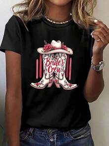 Women's 100% Cotton Cowboy Print T-Shirt - Western Style - Designed To Wear With Boots - Short Sleeve And Crew Neck | Casual Spring And Summer Outfits | Cowboy Themed Clothing | Machine Washable Regular Fit Blouse For Western Wear And Everyday Style - 黑色 - 查看 1
