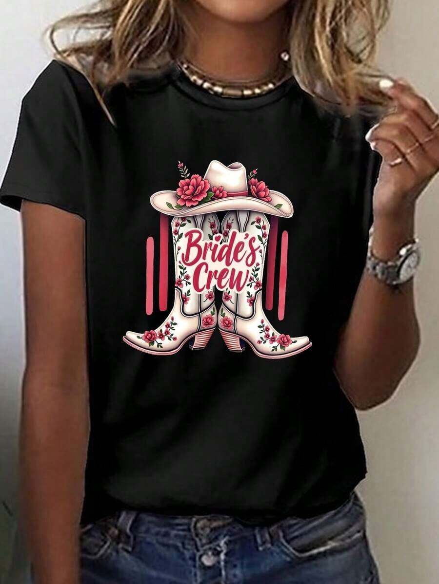 Women's 100% Cotton Cowboy Print T-Shirt - Western Style - Designed To Wear With Boots - Short Sleeve And Crew Neck | Casual Spring And Summer Outfits | Cowboy Themed Clothing | Machine Washable Regular Fit Blouse For Western Wear And Everyday Style - 黑色 - 查看 1