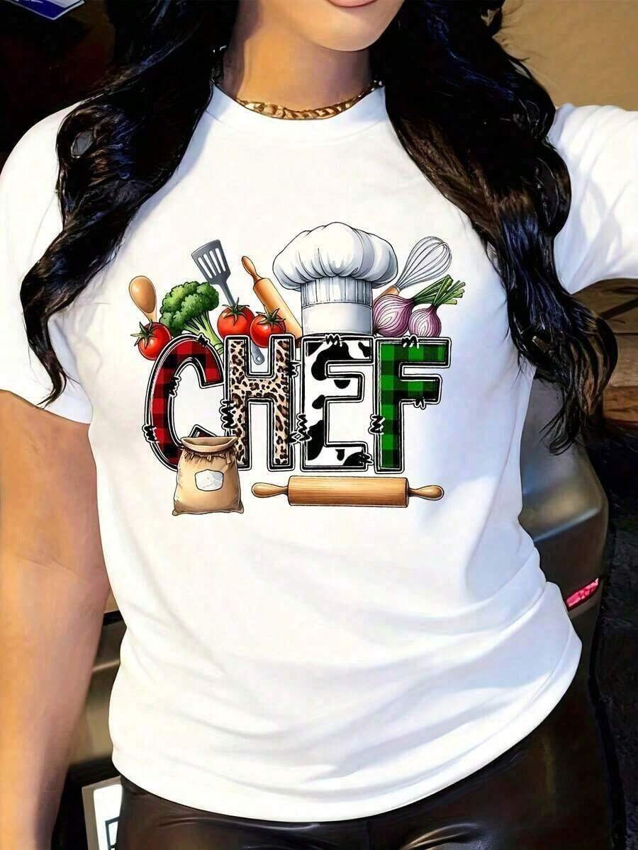 Women's Blouses - 1 Piece Women's Chef Graphic T-Shirt - Loose Fit Kitchen Apparel With Bold 'CHEF' Print And Cooking Utensils (Knife, Spoon, Broccoli), Breathable Fabric For Culinary Professionals, Chefs, And Cooking Enthusiasts - Machine Washable White T-Shirt, Casual Wear, Relaxed Fit Shirt, Soft Fabric, 210g 100% Cotton, Designs Are Printed. Unisex. - 白色的 - 查看 1