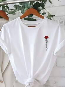 Comfortable Print. Women's Short-Sleeved T-Shirt With A Rose Print, Casual Sporty Style, Comfortable And Well-Fitting Casual Wear. Simple And Casual Summer Top. - 白色 - 查看 7